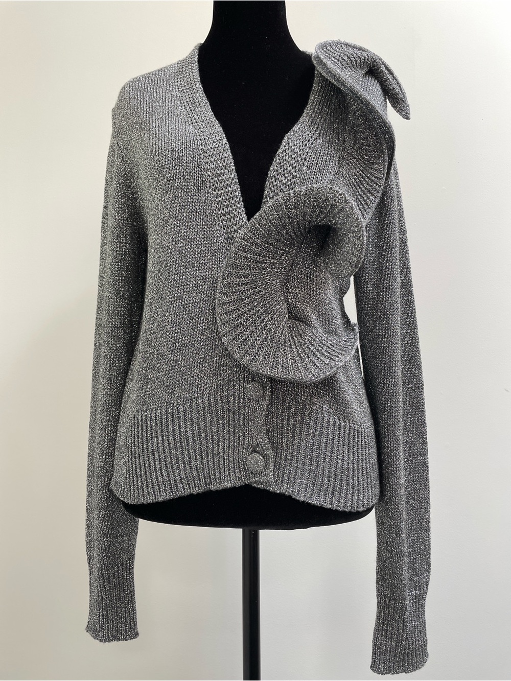 Italian Silver Metallic Ruffle Cardigan Sweater by Tensione In (size M)